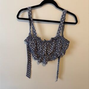 Urban Outfitters Blue Polka Dot Ruffle Tie Up Top